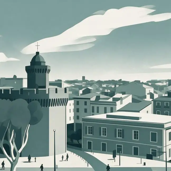 Illustration de Perpignan, le Castillet au-dessus des toits